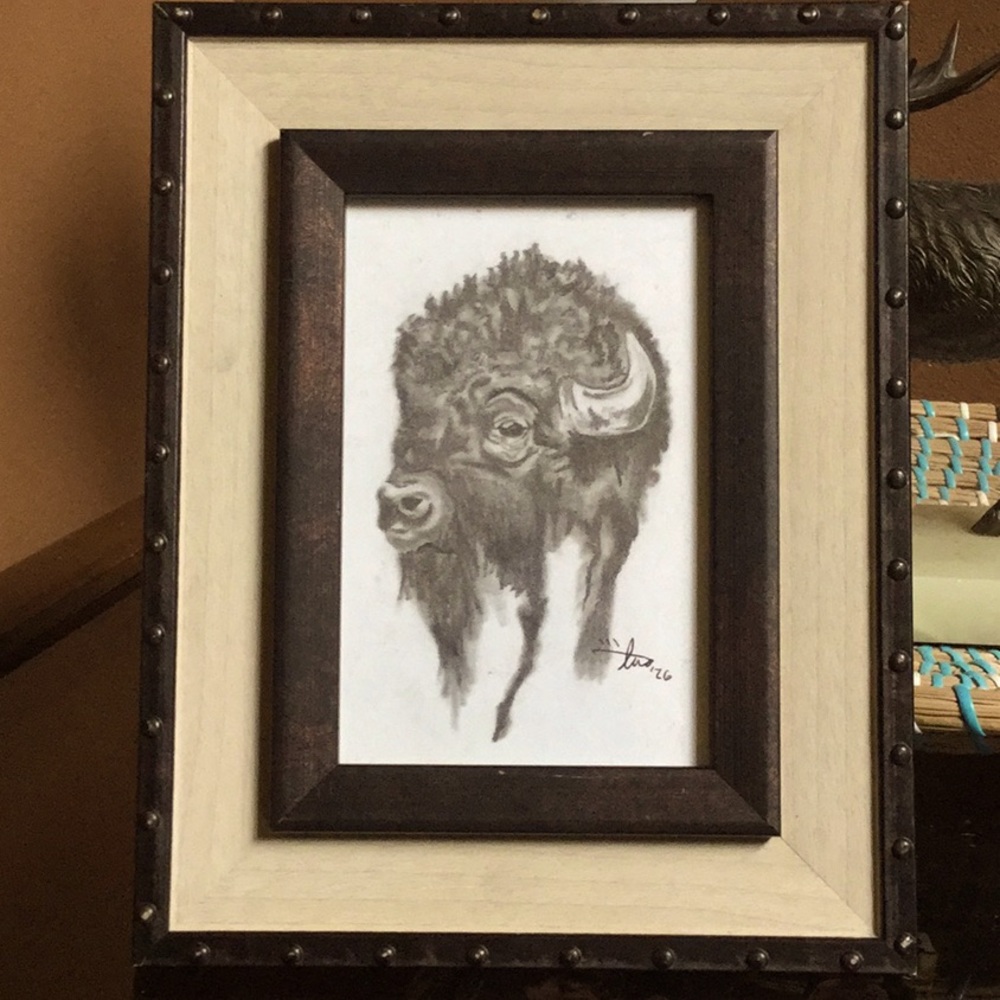 Original artisan graphite pencil buffalo head drawing western ranch decor⭐️